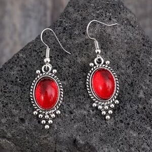 Red Cabochon Silver Drop Earrings - Women Jewelry